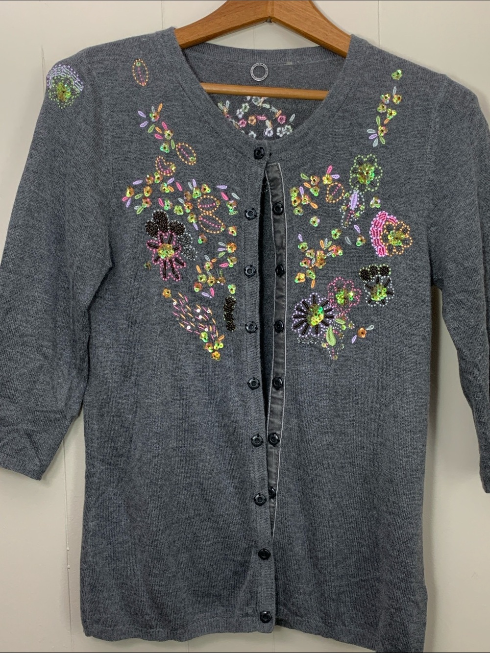 One Girl Who Gray Cardigan with Multicolor Sequin Floral Embroidery